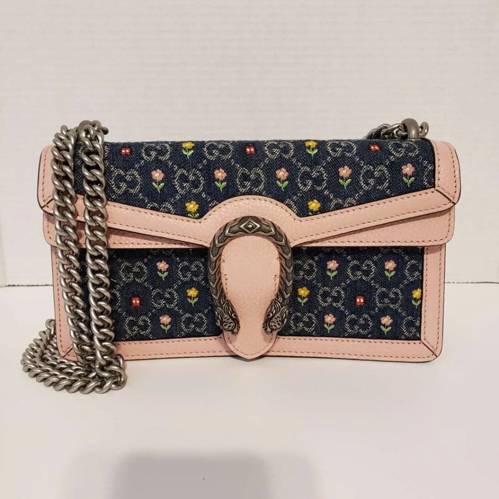 New Denim Floral Embroidered GG Monogram Dollar Calfskin Small Dionysus Bag